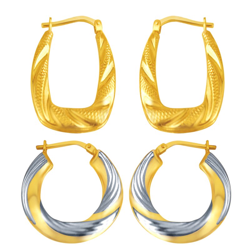 Gold Plated Sterling Silver Hoop Earrings Set - Textured & Swirl Design, 24x18mm & 23mm, Hypoallergenic, Adults Jewelry