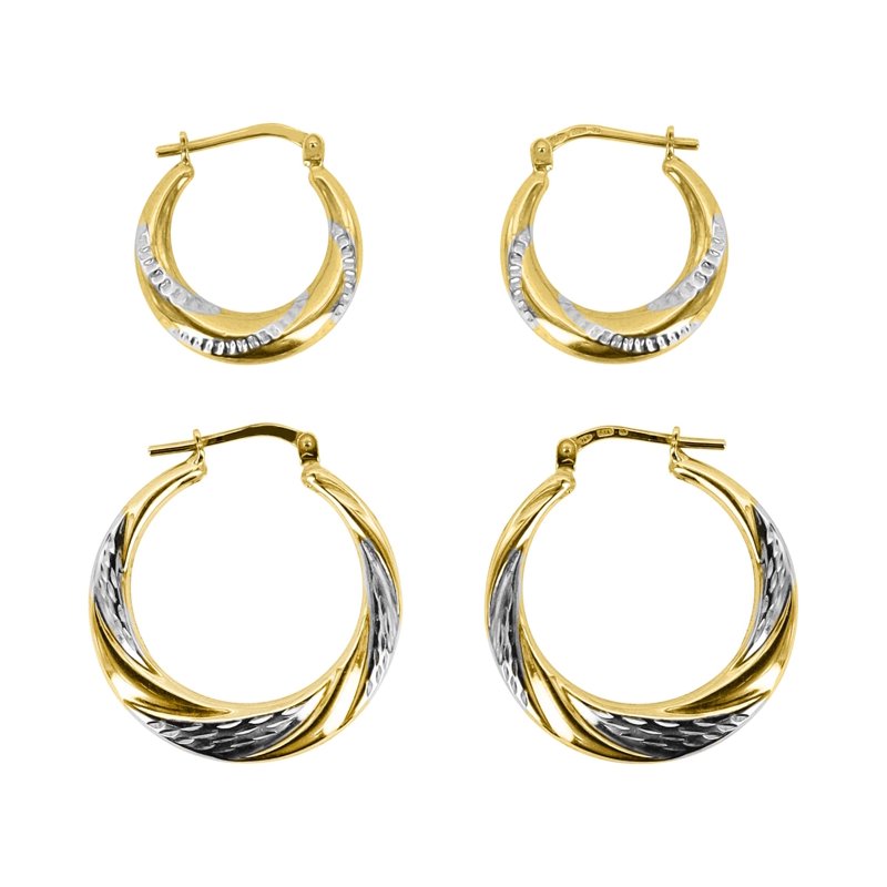 14K Gold Plated Sterling Silver Hoop Earrings Set with Diamond-Cut Swirls