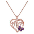 Sterling Silver Rose Gold Plated Mom Heart Pendant with Amethyst Butterfly - 18 Inch Chain