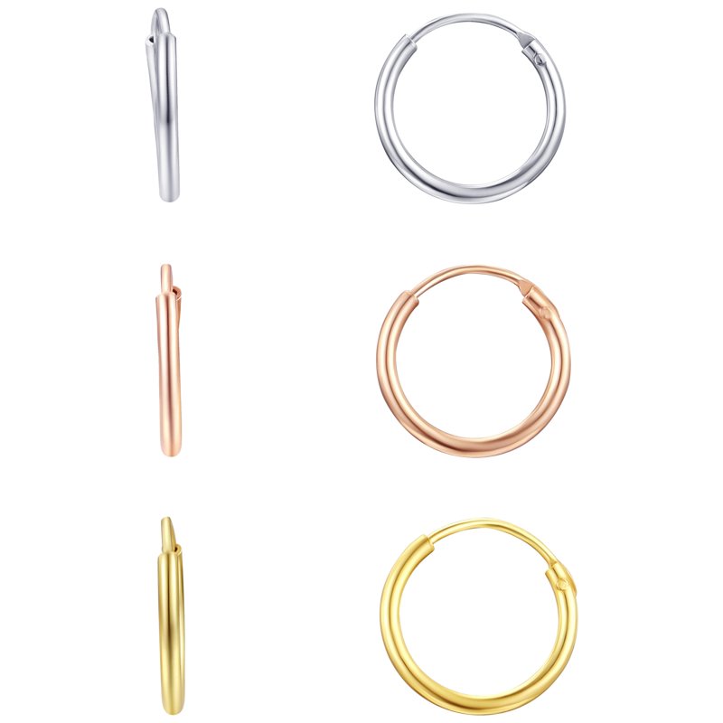3 Pair Hoop Earring Set in 14K Gold Silver Rose Gold Plated Sterling Silver 12mm