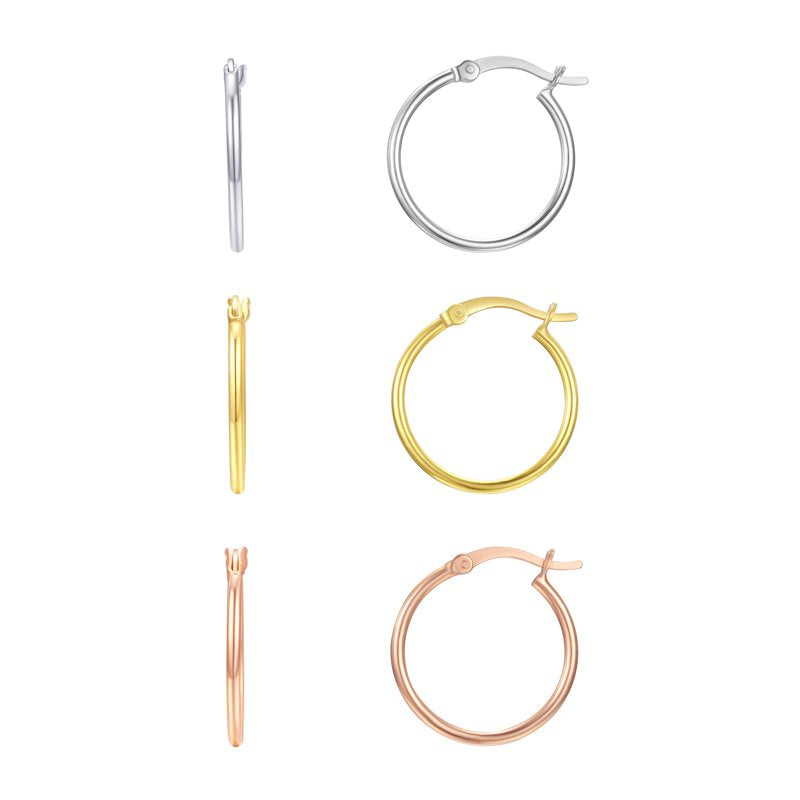 3 Tone Hoop Earrings Set - 14K Rose Gold, Gold Plated Sterling Silver 20mm