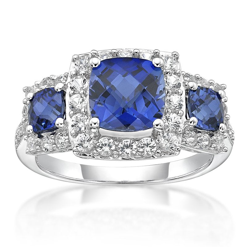 Sterling Silver Cushion Cut Lab Created Sapphire Ring - Blue & White Gemstone Jewelry