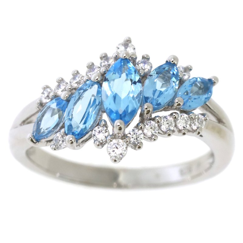 Sterling Silver Marquise Blue Topaz Ring with Cubic Zirconia - Adjustable Size