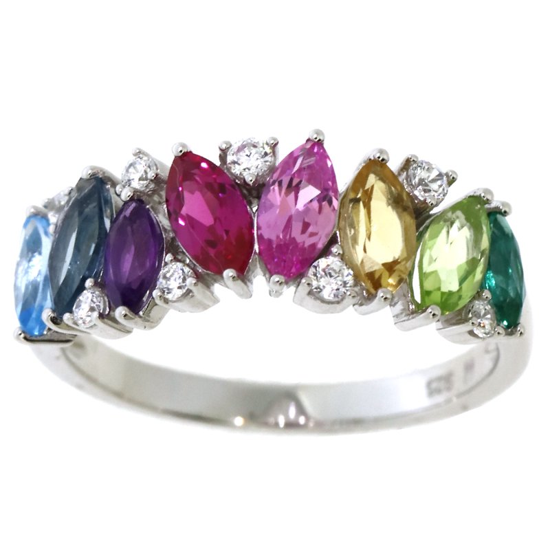 Rainbow Gemstone and Cubic Zirconia Silver Ring - Adjustable Sizes