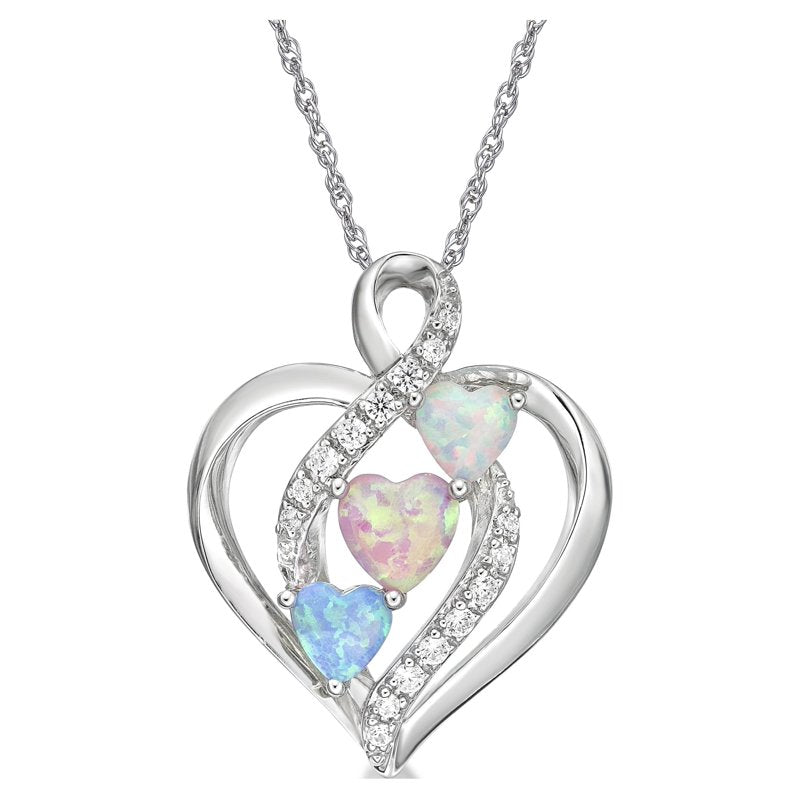 Sterling Silver Opal Heart Pendant Necklace with Simulated Diamonds - 18 Inch Chain