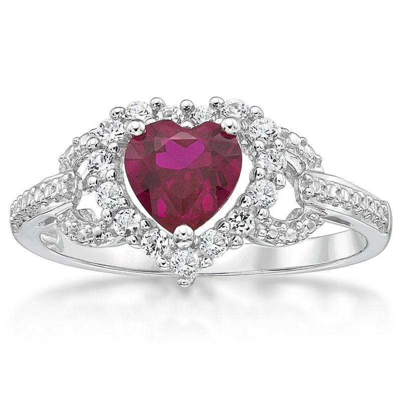 Sterling Silver Lab Created Ruby Heart Ring - Hypoallergenic Gift Jewelry