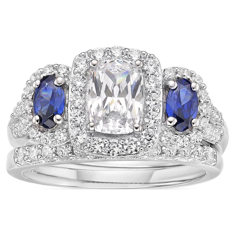 Sterling Silver Simulated Diamond & Sapphire Ring Set - Bridal Jewelry