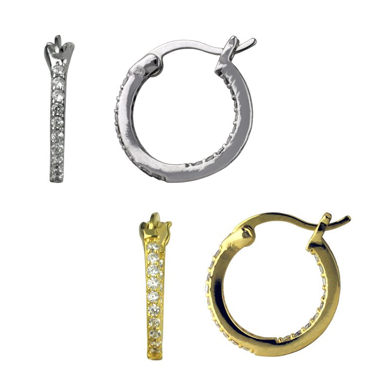 Simulated Diamond Hoop Earrings Set - Sterling Silver & Gold Plated, 15mm