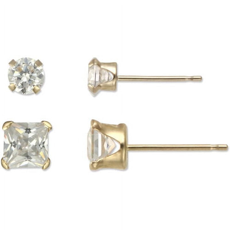 Women's 10kt Yellow Gold CZ Stud Earrings Set - 4mm Round & Square, Hypoallergenic