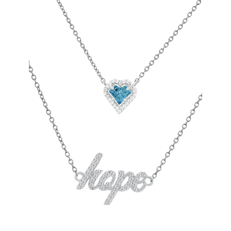 Layered Sterling Silver Necklace with Aquamarine and Hope Pendant - 18 Inch