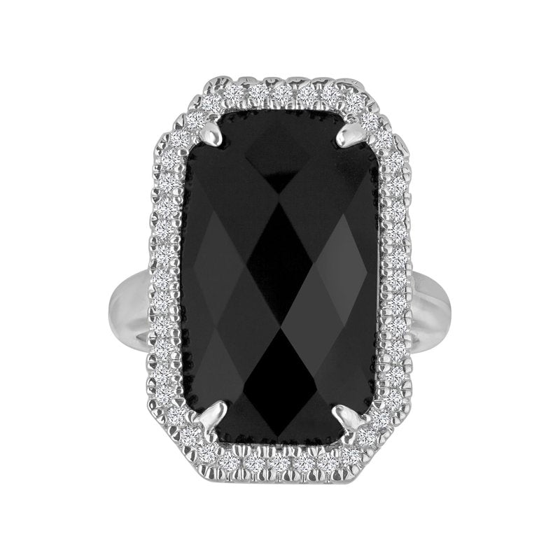 Black Onyx Silver-Tone Rectangular Fashion Ring for Women