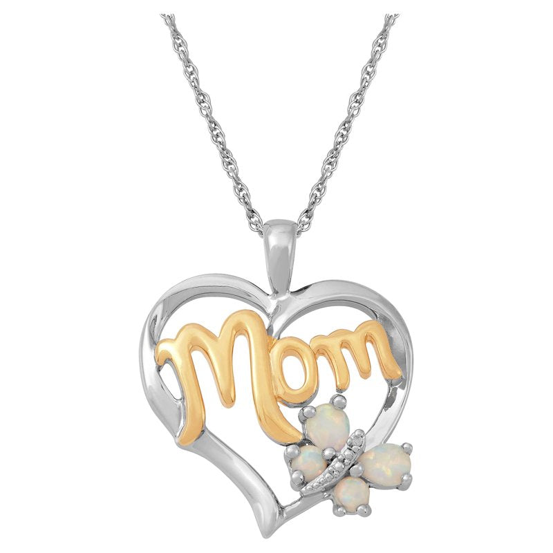 Sterling Silver 'Mom' Heart Pendant with Opal and Diamond Accent - 18" Necklace
