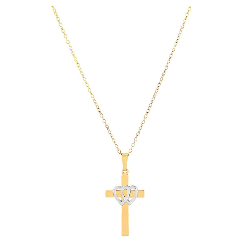 Sterling Silver & 18K Gold Plated Cross Pendant with Double Hearts, 18 Inch Chain