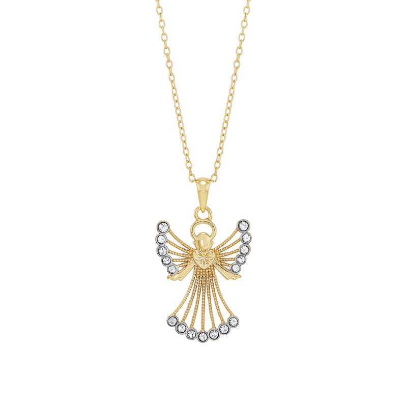 Sterling Silver and 18K Gold Plated Angel Pendant with Crystals - 18 Inches