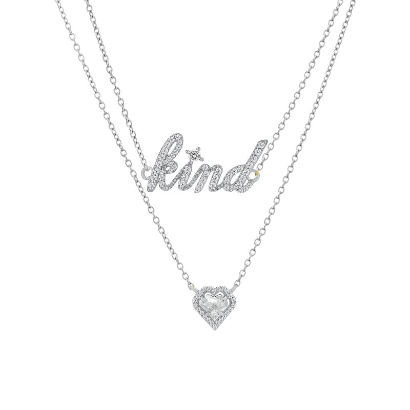 Two-Layer Sterling Silver Necklace with Cubic Zirconia Heart & Kind Charm