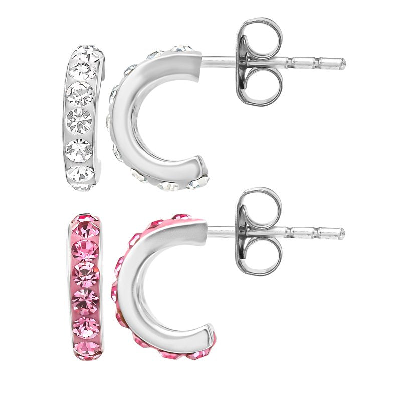Girls Sterling Silver Crystal Hoop Earrings Set - 2 Pairs