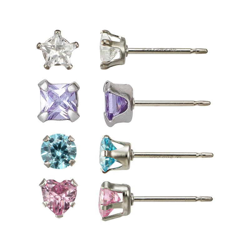 Girls Sterling Silver CZ Multi-Stud Earring Set - 4 Pairs Child Jewelry