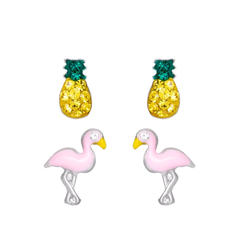 Kids Sterling Silver Crystal Pineapple and Flamingo Stud Earrings Set