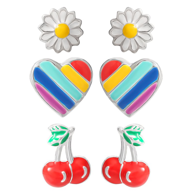 Sterling Silver Daisy Heart Cherry Stud Earrings Set for Girls