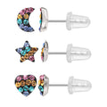 Sterling Silver Crystal Heart Star & Moon Stud Earrings Set for Girls