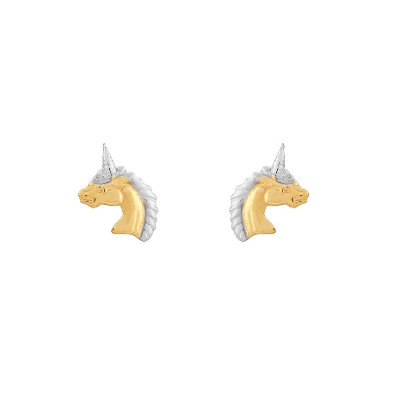 Girls 10K Gold Unicorn Earrings with Rhodium Finish Safe Screw Backs