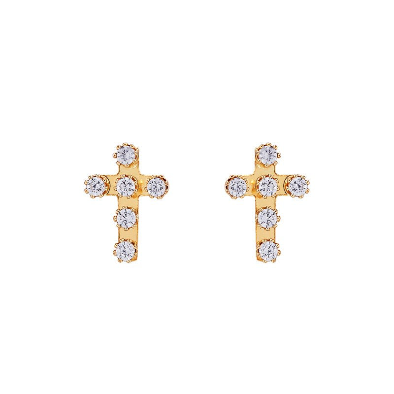 Girls Cubic Zirconia Cross Earrings in 10K Yellow Gold - Small Studs