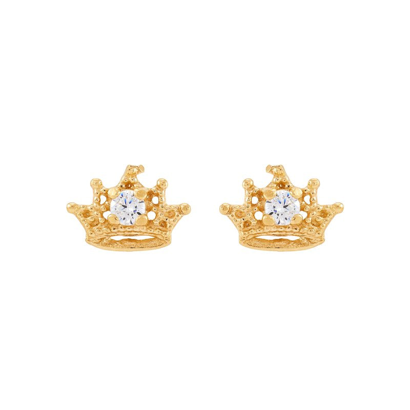 Girls Cubic Zirconia Crown Earrings in 10K Yellow Gold - Princess Style Jewelry