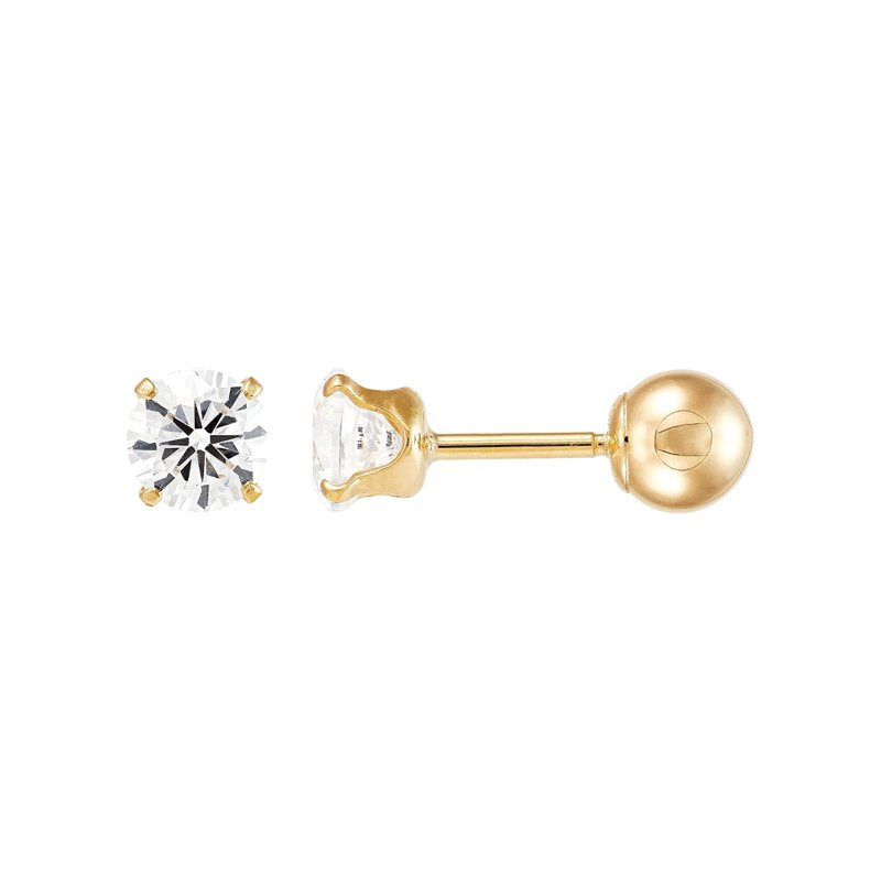Girls 10K Yellow Gold Cubic Zirconia Front Back Earrings - Secure Screw Backs