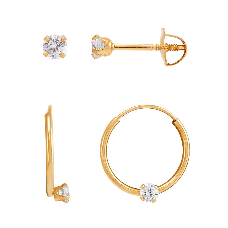 Gold Hoop and Stud Earrings Set with Cubic Zirconia – 10K Yellow Gold, Women & Girls Jewelry