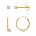 Gold Hoop and Stud Earrings Set with Cubic Zirconia – 10K Yellow Gold, Women & Girls Jewelry