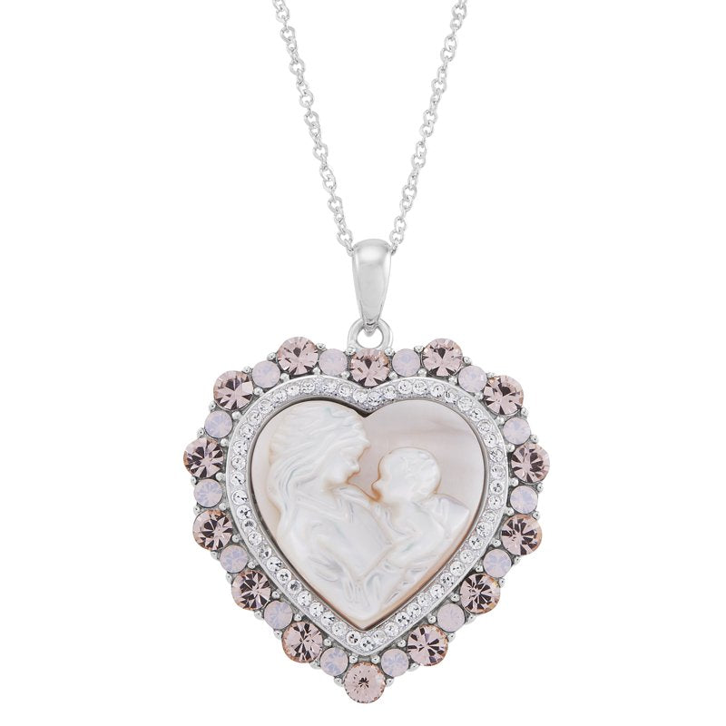 Sterling Silver Heart Pendant with Mother of Pearl & Crystals – Mom Gift Necklace 18"