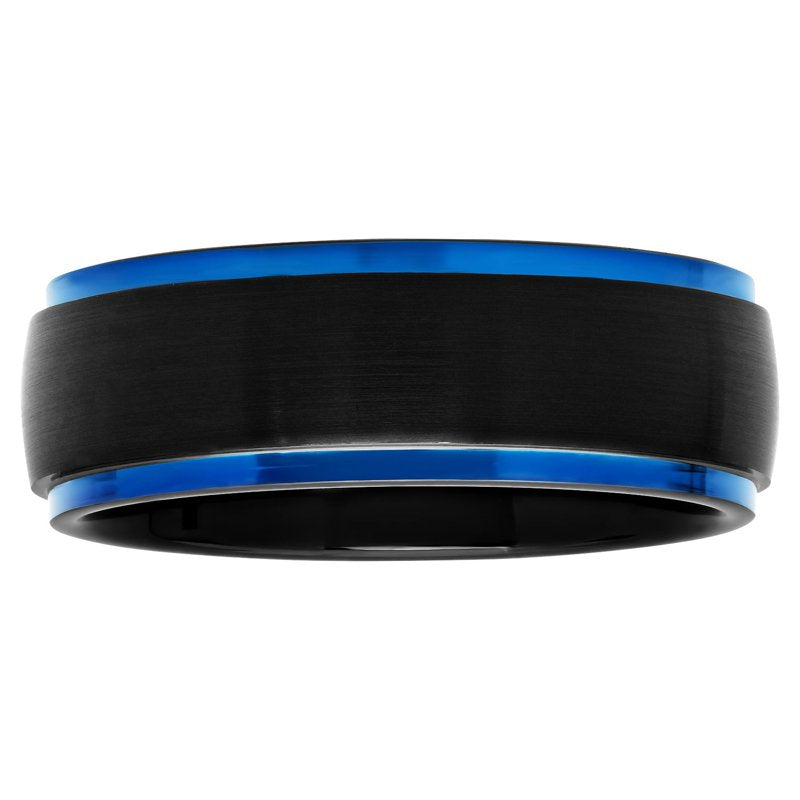 Men's Tungsten Wedding Band 8MM Satin Finish Black & Blue Step Edge