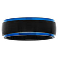 Men's Tungsten Wedding Band 8MM Satin Finish Black & Blue Step Edge