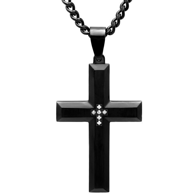 Men's Black IP Stainless Steel Cross Pendant Necklace with Diamond Accent, 24 Inch Chain