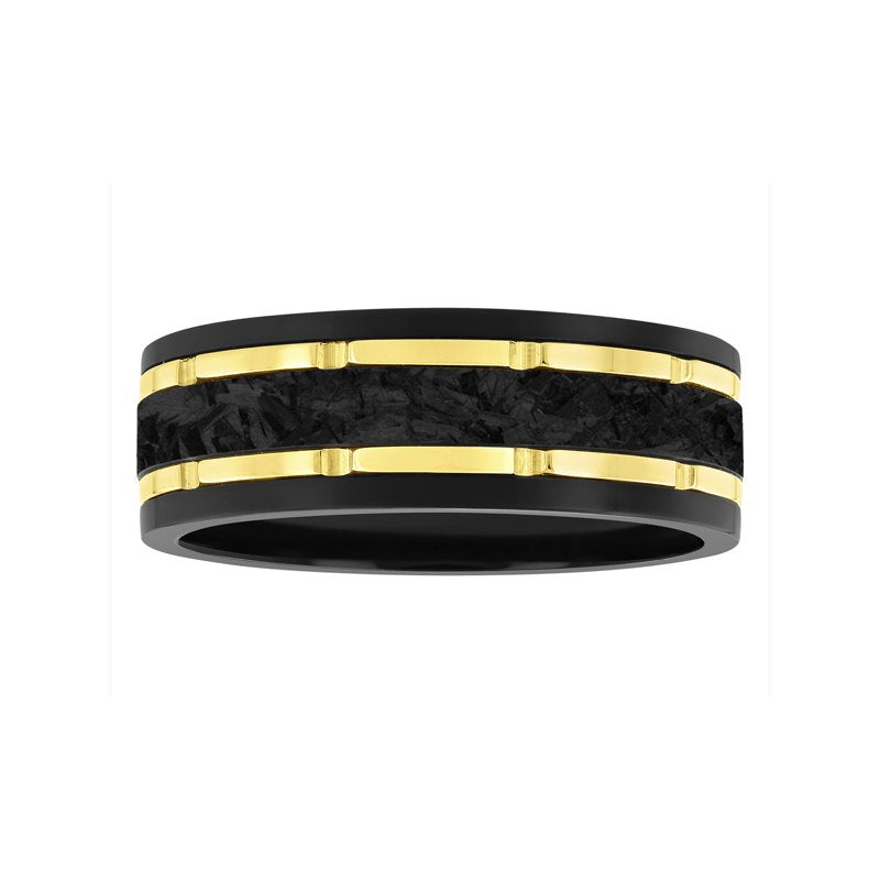 Men's Black Tungsten Wedding Band with Carbon Fiber Inlay & Yellow Grooves - 8mm