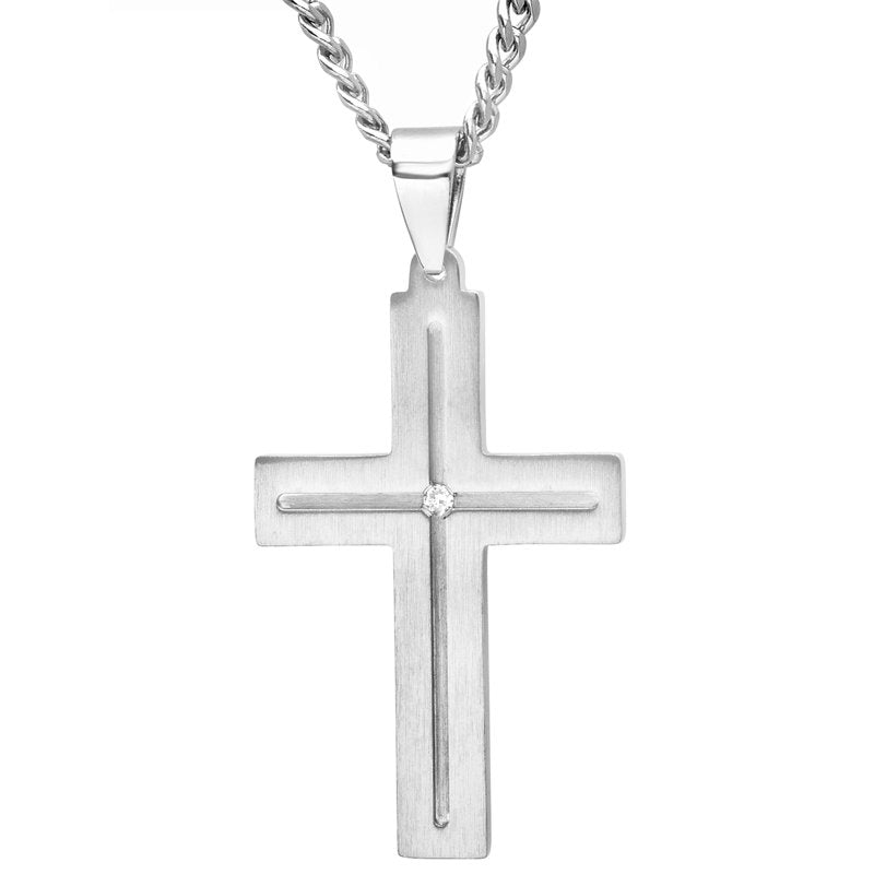 Men's Stainless Steel Cross Pendant Necklace with Diamond Accent - 24 Inch Chain