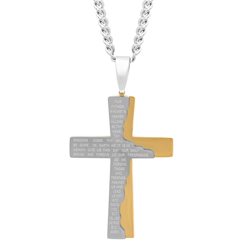 Men's Gold-Tone Stainless Steel Prayer Cross Pendant with Chain - Religious Jewelry