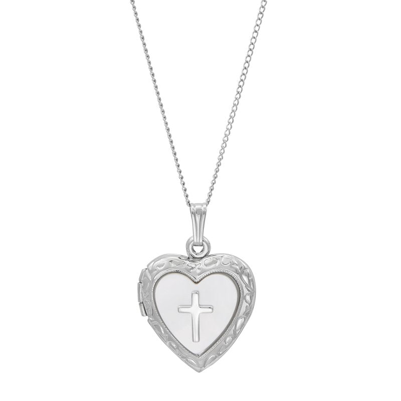 Sterling Silver Mother of Pearl Cross Heart Pendant Necklace 18 Inch Chain