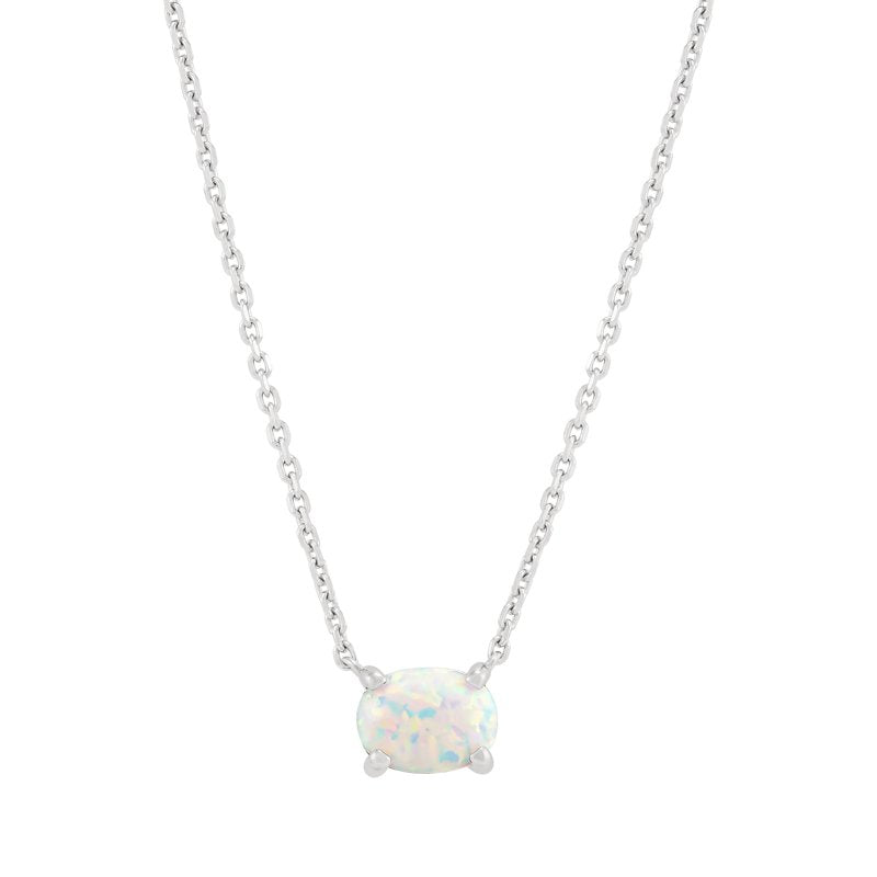 Sterling Silver Oval Created Opal Necklace 8x6mm, Adjustable Chain, Gift for October Birthdays