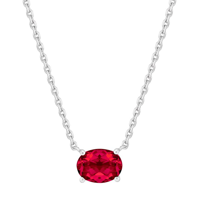 Sterling Silver Oval Created Ruby Necklace - Adjustable Chain, Elegant Jewelry