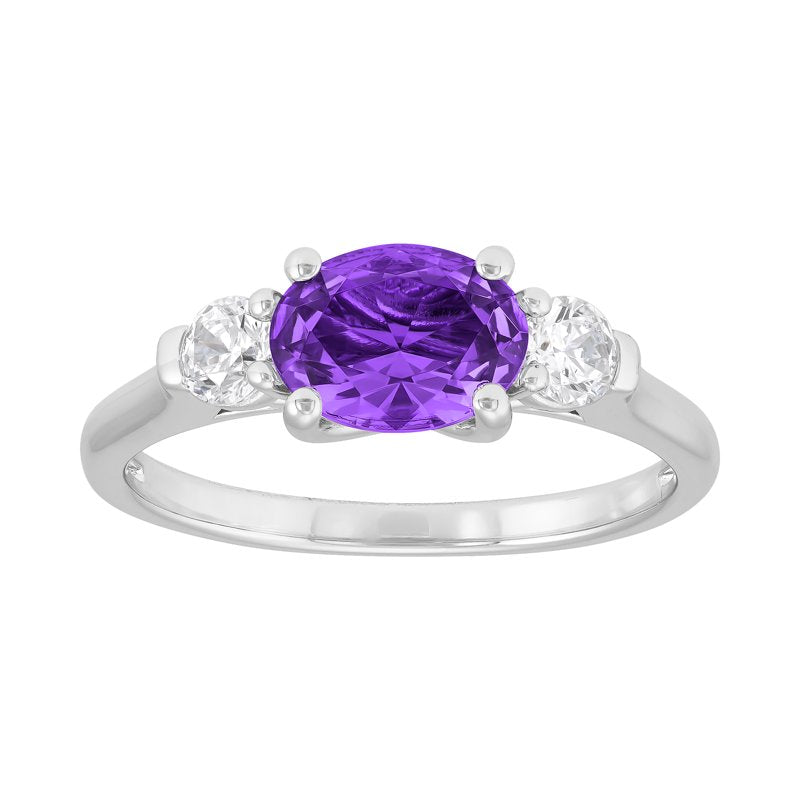 Sterling Silver Oval Simulated Amethyst Ring with Cubic Zirconia - Size 7