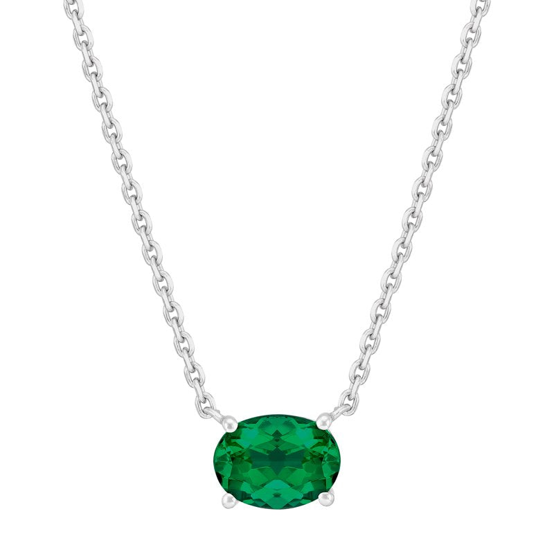Sterling Silver Oval Simulated Emerald Necklace 20-Inch Adjustable Chain