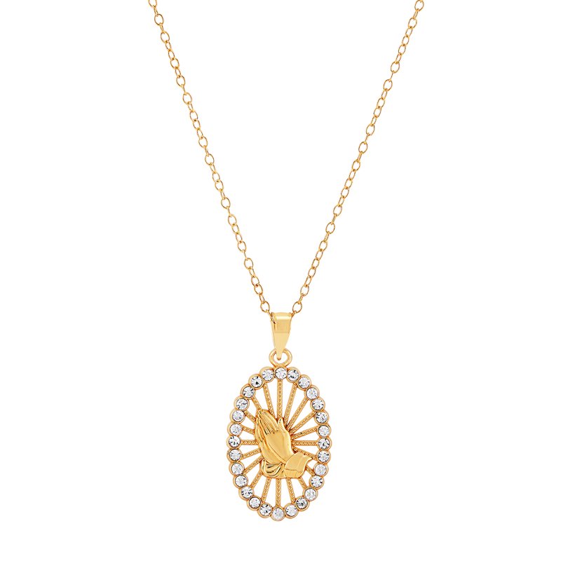 Praying Hands Pendant Necklace 18K Gold Over Sterling Silver with Crystals
