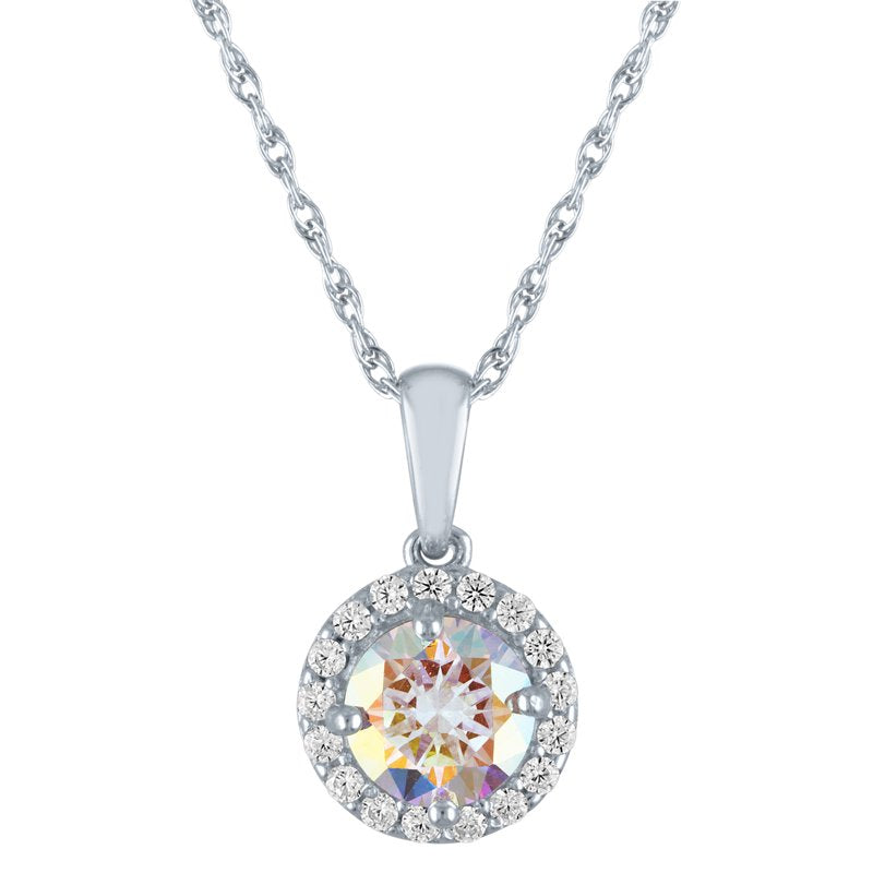 Simulated Aurora Borealis & CZ Halo Necklace - Sterling Silver, 18 Inch