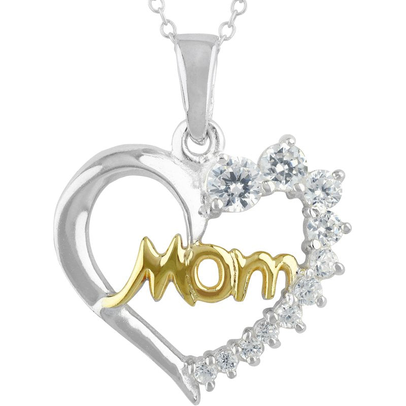 Sterling Silver and 14K Gold Flash Mom Heart Necklace with Simulated Diamonds