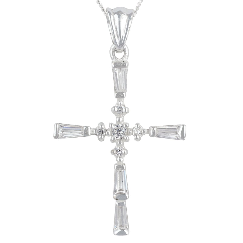Sterling Silver Cross Pendant with Simulated Diamonds - Jewelry Gift