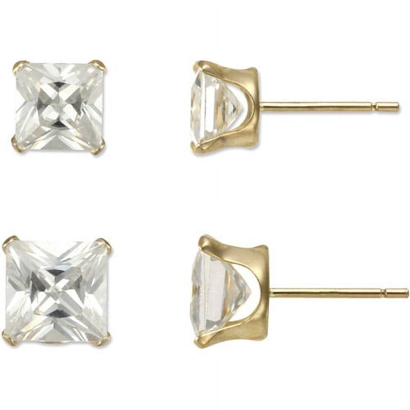 Square CZ Stud Earrings Set in 10K Yellow Gold – 5mm & 6mm