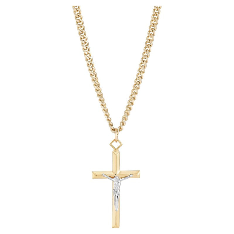 Gold-Filled and Rhodium Crucifix Pendant Necklace 24 Inch Stainless Steel Chain
