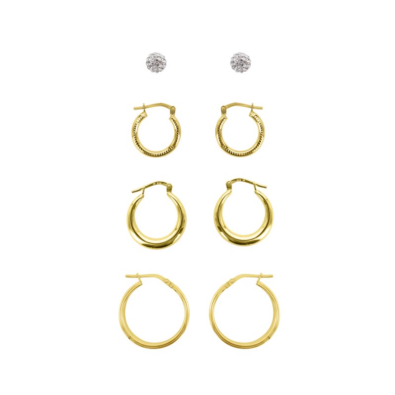 Sterling Silver Gold Plated Crystal Stud and Hoop Earring Set – 4 Pairs for Adults