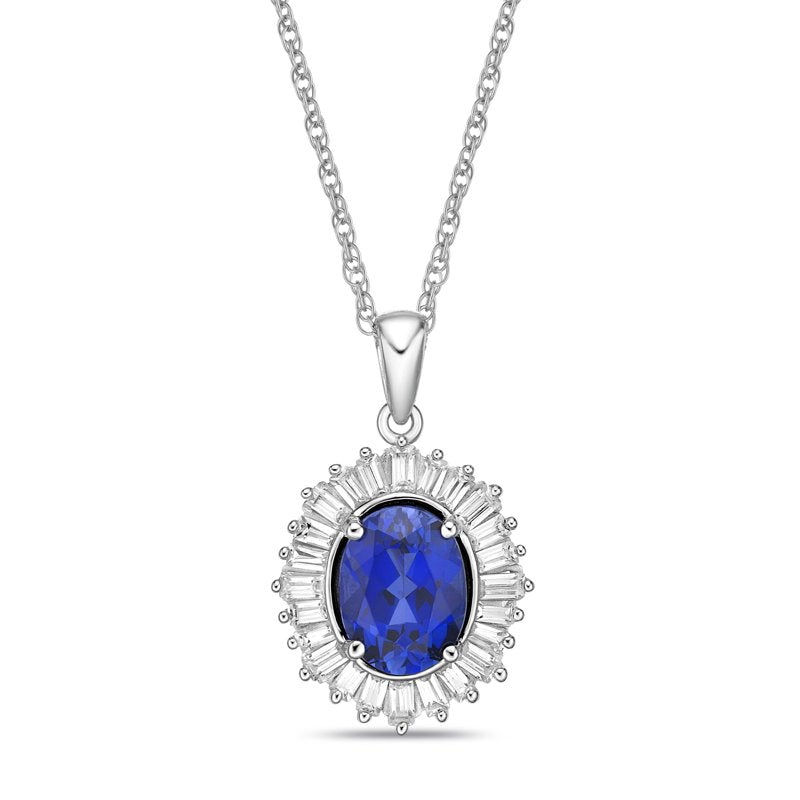 Blue Sapphire Pendant with CZ Halo on 18-Inch Chain - Sterling Silver Jewelry